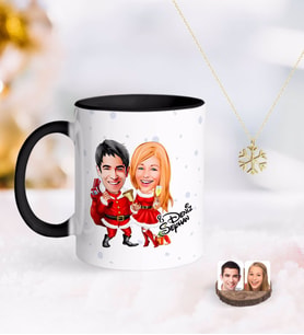 BK Gift Kişiye Özel Yeni Yıl Sevgililer Karikatürlü Siyah Kupa ve Kar Tanesi Kolye-3 (Model 1)