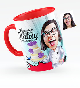 BK Gift Kişiye Özel Bayan Chef Karikatürlü Kırmızı Kupa Bardak  2
