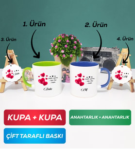 İkili Yeşil Lacivert Sevgililer Günü Hediyesi Kupa Bardak Anahtarlık