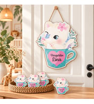 Kişiye Özel Bebek Kapı Süsü Ve 50 Adet Magnet Seti Kupa Kedi