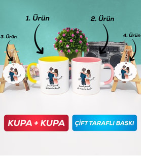 İkili Sarı Pembe Sevgiliye Hediye Bir Ömür Sevgililer Günü Hediyesi Kupa Bardak Anahtarlık Hediye Seti