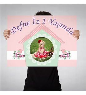 Kız Çocuğu Kuşlu Pembe Doğum Günü Afişi 70x100cm