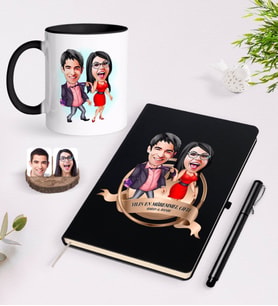 BK Gift Kişiye Özel Yılın En Mükemmel Çifti Karikatürlü Siyah Defter Kalem ve Kupa Seti-4 (Model 1)