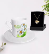 BK Gift Kişiye Özel Papatya Temalı En İyi Öğretmen Türk Kahvesi Fincanı ve İsimli Papatya Kolye Hediye Seti-7 (Model 1)