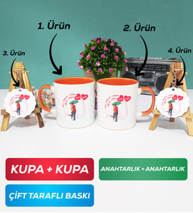 İkili Turuncu Sevgiliye Sevgililer Günü Hediyesi 3 Kupa Bardak Anahtarlık