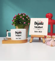 Diyaliz Teknikeri Tasarımlı Kişiye Özel Hediye Diyaliz Teknikeri Ahşap Altlıklı Fincan ve Dekoratif Taş Baskı Seti