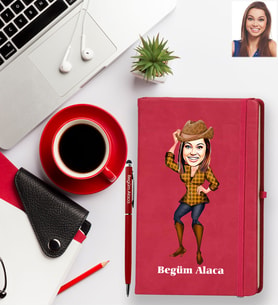 Kişiye Özel Bayan Karikatürlü Kırmızı Defter Kalem Hediye Seti Model-4