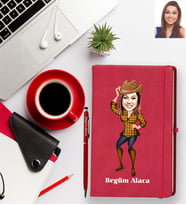 Kişiye Özel Bayan Karikatürlü Kırmızı Defter Kalem Hediye Seti Model-4