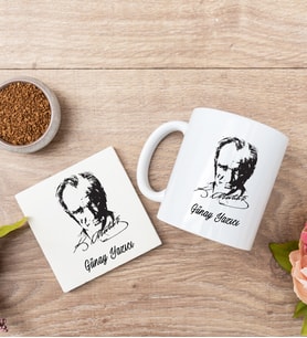Atatürk Siluetli Beyaz Kupa Bardak Ve Bardak Altlığı Seti