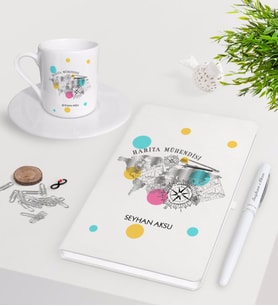 BK Gift Kişiye Özel Harita Mühendisi Beyaz Defter Kalem Türk Kahvesi Fincanı Seti-2 (Model 1)