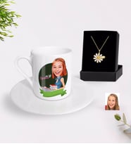 BK Gift Kişiye Özel Bayan En İyi Öğretmen Karikatürlü Türk Kahvesi Fincanı ve İsimli Papatya Kolye Hediye Seti-1 (Model 1)