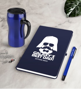 BK Gift Kişiye Özel Galaksinin En İyi Babası Lacivert Defter Kalem Termos Mug Seti (Model 1)