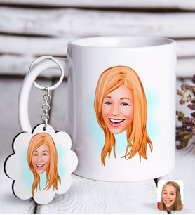 BK Gift Kişiye Özel Kadın Yüz Karikatürlü Beyaz Kupa ve Anahtarlık Hediye Seti-1 (Model 1)