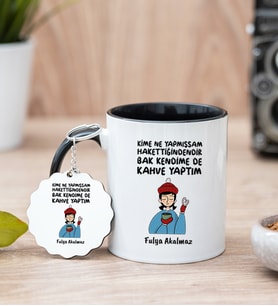Bak Kendime De Kahve Yaptım Siyah Kupa Bardak ve Anahtarlık Set