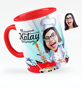 BK Gift Kişiye Özel Bayan Chef Karikatürlü Kırmızı Kupa Bardak  1