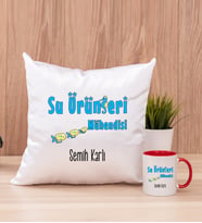 Su Ürünleri Mühendisi Kare Yastık ve Kırmızı Kupa Bardak