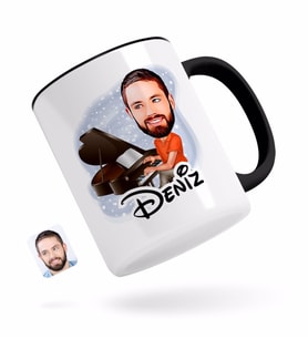 BK Gift Kişiye Özel Erkek Piyanist Karikatürlü Siyah Kupa Bardak