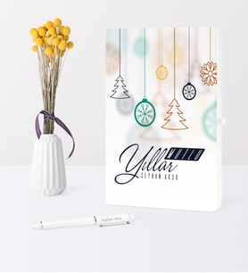 BK Gift Kişiye Özel Yılbaşı Mutlu Yıllar Temalı Beyaz Defter Kalem Seti - 15