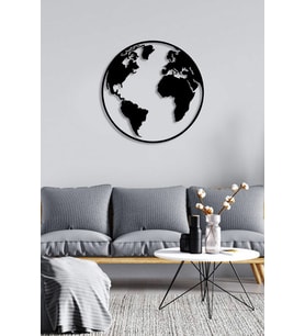 Dünya Küre Yuvarlak Duvar Tablosu Dekoratif Ev Aksesuarı Ahşap Tablo 50x50cm (Siyah)