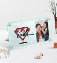 BK Gift Kişiye Özel Fotoğraflı Süper Baba Masaüstü Cam Saat-3 (Beyaz)
