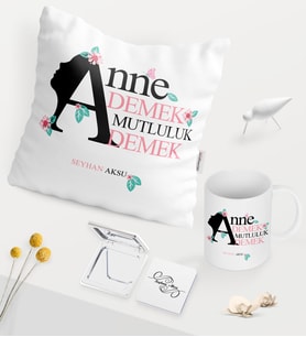 BK Gift Kişiye Özel Anne Demek Mutluluk Demek Beyaz Kupa Ayna Yastık Seti (Model 1)