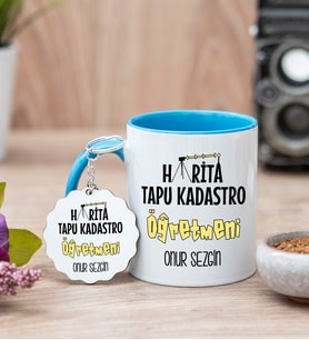 Harita Tapu Kadastro Öğretmeni Mavi Kupa Bardak Ve Anahtarlık Set