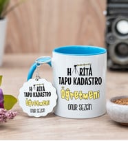 Harita Tapu Kadastro Öğretmeni Mavi Kupa Bardak Ve Anahtarlık Set