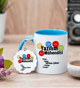 Yazılım Mühendisi Mavi Kupa Bardak Ve Anahtarlık Set