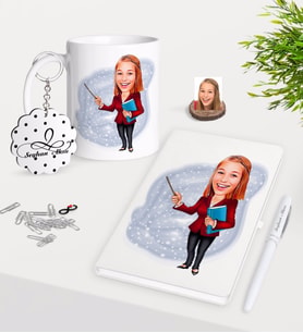 BK Gift Kişiye Özel Bayan Öğretmen Karikatürlü Kupa Anahtarlık Beyaz Defter Kalem Hediye Seti-3 (Model 1)