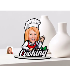 BK Gift Kişiye Özel Kadın Chef Karikatürlü Ahşap Biblo Model-14 (Beyaz)