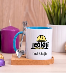 Jeoloji Mühendisi Ahşap Altlıklı Mavi Kupa Bardak