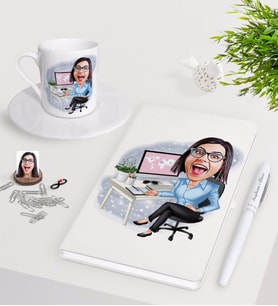 BK Gift Kişiye Özel Bayan Genel Müdür Karikatürlü Beyaz Defter Kalem Türk Kahvesi Fincanı Seti-1 (Model 1)