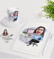BK Gift Kişiye Özel Bayan Genel Müdür Karikatürlü Beyaz Defter Kalem Türk Kahvesi Fincanı Seti-1 (Model 1)