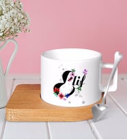 BK Gift Kişiye Özel Harfli Ahşap Altlıklı Seramik Fincan-3 (Beyaz)