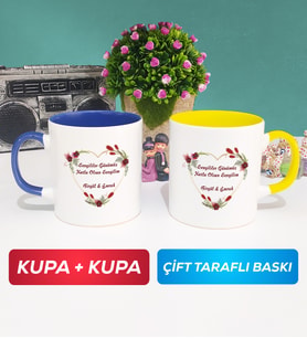 İkili Sevgiliye Sevgililer Günü Hediyesi 13 Kupa Bardak Lacivert Sarı