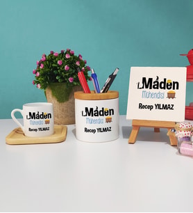 Maden Mühendisi Ahşap Altlıklı Türk Kahvesi Fincanı Kalemlik Dekoratif Taş Baskı Seti