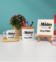 Maden Mühendisi Ahşap Altlıklı Türk Kahvesi Fincanı Kalemlik Dekoratif Taş Baskı Seti