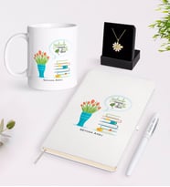 BK Gift Kişiye Özel Öğretmenler Günümüz Kutlu Olsun Beyaz Kupa Defter Kalem ve İsimli Papatya Kolye Hediye Seti-3 (Model 1)