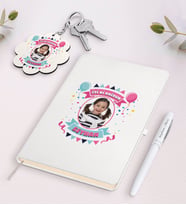 BK Gift Kişiye Özel Fotoğraflı Doğum Günü Beyaz Defter Kalem ve Anahtarlık Hediye Seti-2 (Model 1)