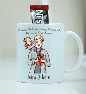Kişiye Özel Kupa Bardak Baba ve Kızı Desenli - Nescafe Hediyeli