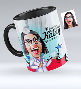 BK Gift Kişiye Özel Bayan Diş Hekimi Karikatürlü Siyah Kupa Bardak  2