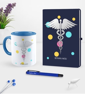 BK Gift Kişiye Özel Tıp Sembolü Temalı Lacivert Defter Kalem Kupa Seti - 1 (Model 1)