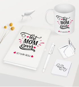 BK Gift Kişiye Özel En İyi Anne Beyaz Defter Kalem Kupa Ayna Seti - 4 (Model 1)