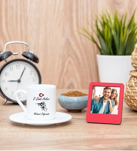 Askere Hediye Türk Kahvesi Fincanı ve Kırmızı Mini Fotoğraf Çerçevesi