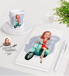 BK Gift Kişiye Özel Bayan Karikatürlü Beyaz Defter Kalem Türk Kahvesi Fincanı Seti-24 (Model 1)