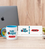 Grafiker Mavi Kupa Bardak Ve Masa İsimliği Hediye Seti