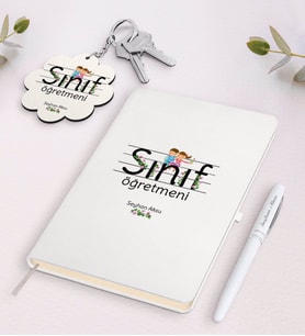 BK Gift Kişiye Özel Sınıf Öğretmeni Beyaz Defter Kalem ve Anahtarlık Hediye Seti-18 (Model 1)