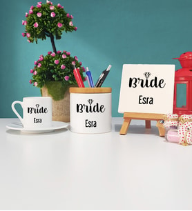Bride Gelin Tasarımlı Kişiye Özel Bride Gelin Türk Kahvesi Fincanı Kalemlik ve Dekoratif Taş Baskı Hediye Seti