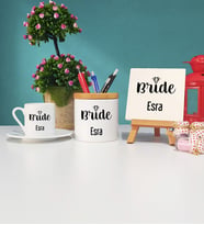 Bride Gelin Tasarımlı Kişiye Özel Bride Gelin Türk Kahvesi Fincanı Kalemlik ve Dekoratif Taş Baskı Hediye Seti