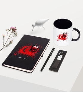 BK Gift Kişiye Özel Atatürk Temalı Siyah Defter Kalem Anahtarlık Kupa Seti - 3
